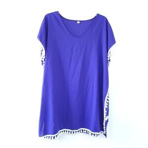 Swimsuit Coverup Purple, White Pom Pom Trim Fits Like Small/Medium